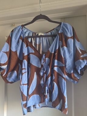 Rachel Zoe Blue and Brown Leaf-Print Tie-Front Blouse, Sz Lrg